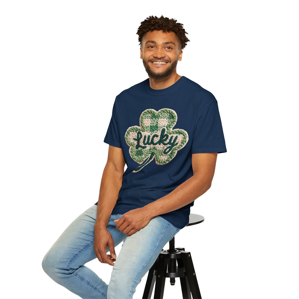 Lucky Shamrock Faux Knit - Comfort Colors | Trendy Men's and Women's T-Shirt. Direct to Garment. Printed & Shipped in the USA. Unisex Sizes.