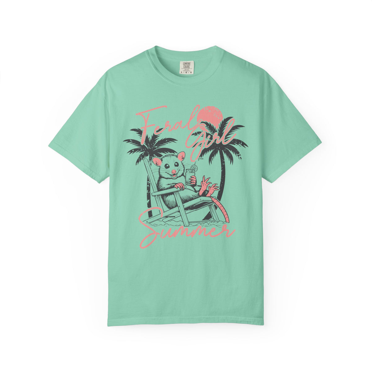 Feral Girl Summer, Possum on a Beach - Comfort Colors | Trendy Women's T-Shirt. Direct to Garment. Printed & Shipped in the USA. Unisex Sizes.