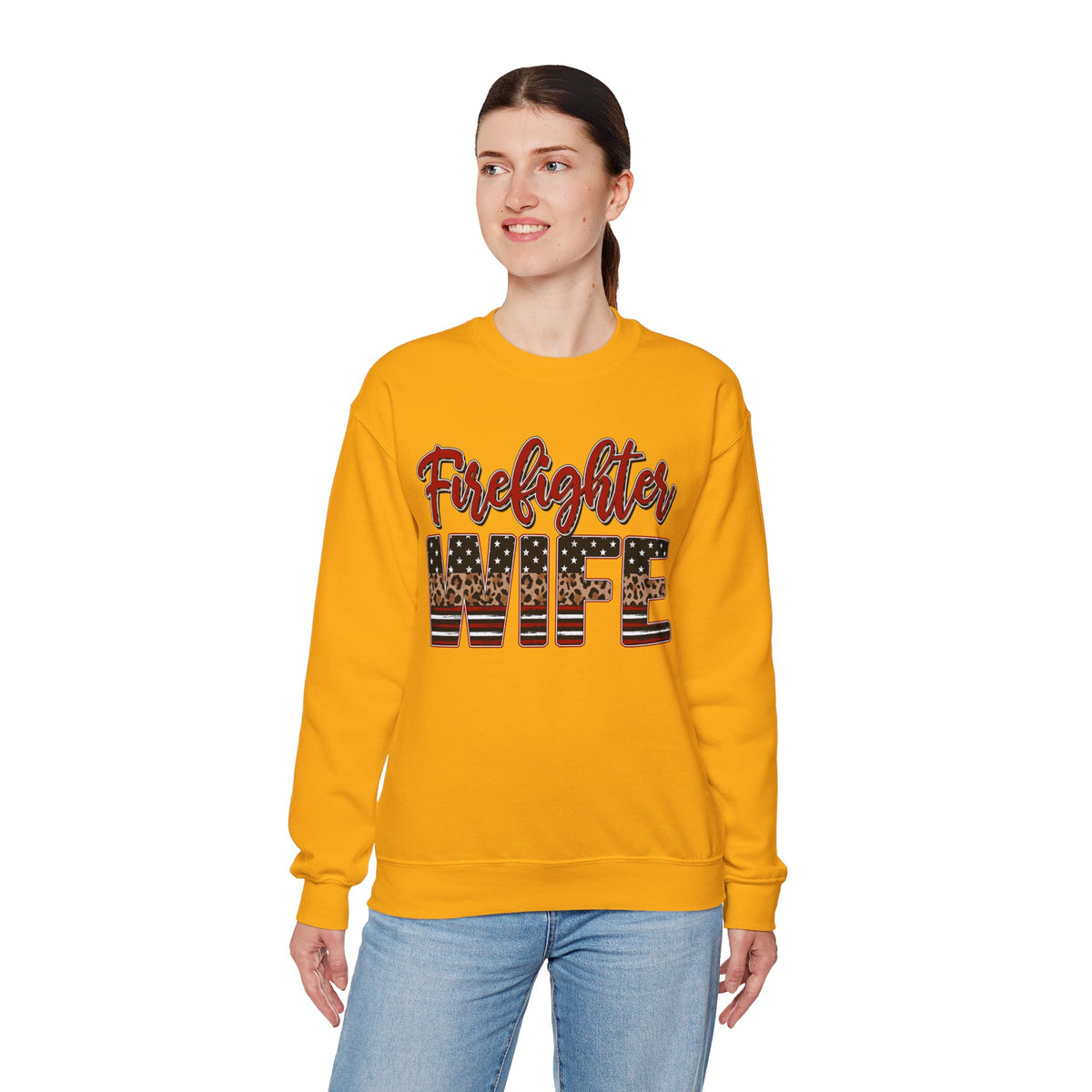 Firefighter Wife Patriotic Flag Lettering for Firefighter Spouse – Gildan Heavy Blend | Trendy Women’s Soft Sweatshirt. Direct to Garment. Printed & Shipped in the USA. Unisex Sizes.