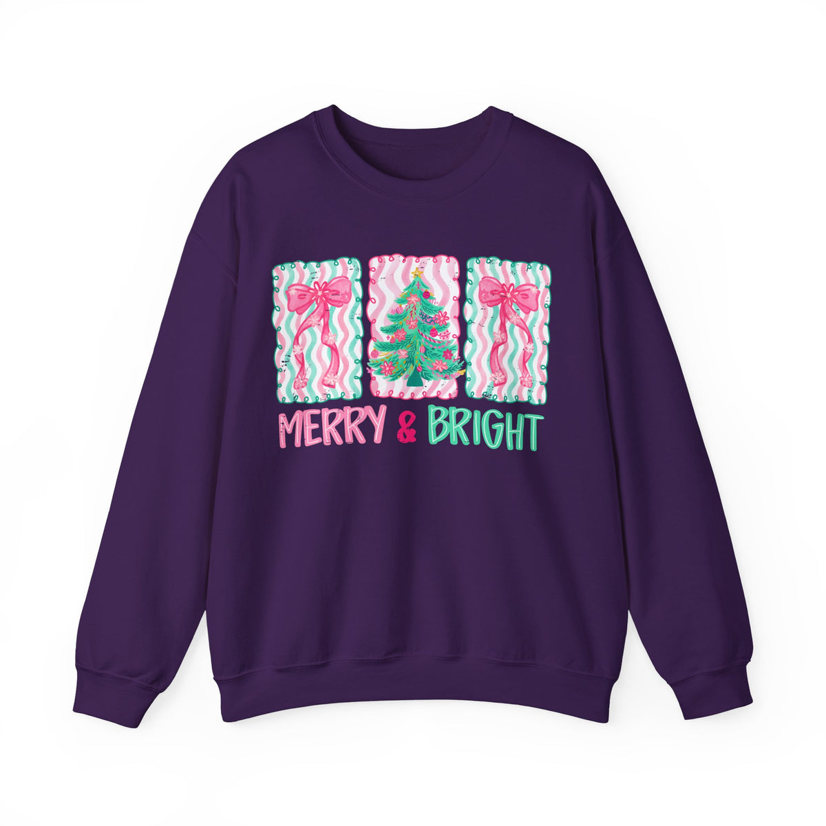 Merry & Bright Christmas - Pink & Green Holiday Tree Design – Gildan Heavy Blend | Trendy Women’s Soft Sweatshirt. Direct to Garment. Printed & Shipped in the USA. Unisex Sizes.