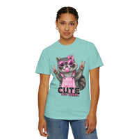 Cute But Feral, Raccoon in Pink Bibs - Comfort Colors | Trendy Women's T-Shirt. Direct to Garment. Printed & Shipped in the USA. Unisex Sizes.