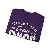 Life is Better With Jesus and My Dogs – Gildan Heavy Blend | Trendy Women’s and Men's Soft Sweatshirt. Direct to Garment. Printed & Shipped in the USA. Unisex Sizes.