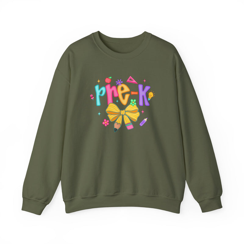 Coquette Pre-K Pencil Bow – Gildan Heavy Blend | Trendy Women’s Soft Sweatshirt. Direct to Garment. Printed & Shipped in the USA. Unisex Sizes.