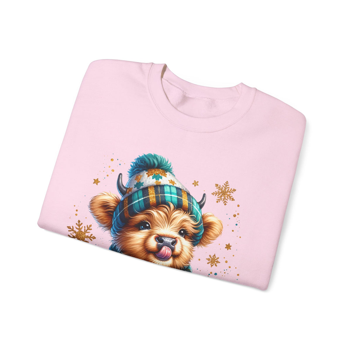 Winter Baby Highland Cow with Cocoa – Gildan Heavy Blend | Trendy Women’s Soft Sweatshirt. Direct to Garment. Printed & Shipped in the USA. Unisex Sizes.