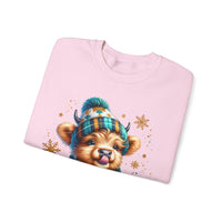 Winter Baby Highland Cow with Cocoa – Gildan Heavy Blend | Trendy Women’s Soft Sweatshirt. Direct to Garment. Printed & Shipped in the USA. Unisex Sizes.