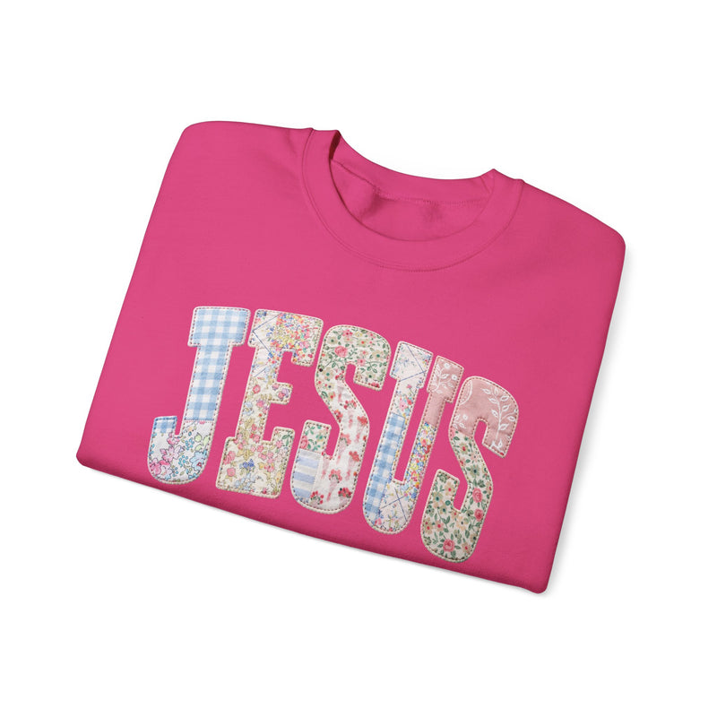 Jesus faux Patchwork – Gildan Heavy Blend | Trendy Women’s Soft Sweatshirt. Direct to Garment. Printed & Shipped in the USA. Unisex Sizes.