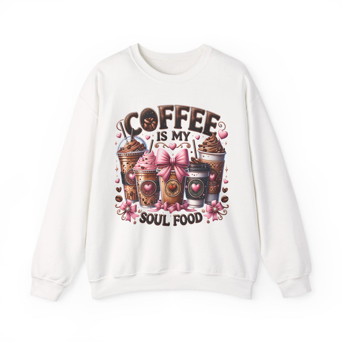 Coffee Is My Soul Food, Iced Coffee, Pink Bow – Gildan Heavy Blend | Trendy Women’s Soft Sweatshirt. Direct to Garment. Printed & Shipped in the USA. Unisex Sizes.