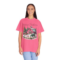 Merry Christmas Pink Barn Farm Animals - Comfort Colors | Trendy Women's T-Shirt. Direct to Garment. Printed & Shipped in the USA. Unisex Sizes.