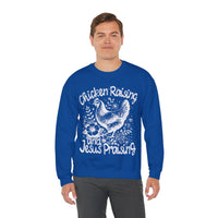 Chicken Raising and Jesus Praising – Gildan Heavy Blend | Trendy Men's and Women’s Soft Sweatshirt. Direct to Garment. Printed & Shipped in the USA. Unisex Sizes.