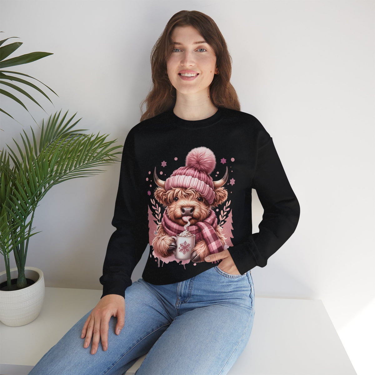Cozy Highland Cow, Winter Coffee Mug & Scarf Pink – Gildan Heavy Blend | Trendy Women’s Soft Sweatshirt. Direct to Garment. Printed & Shipped in the USA. Unisex Sizes.