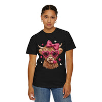 Highland Cow - Pink Heart Shaped Glasses - Comfort Colors | Trendy Women's T-Shirt. Direct to Garment. Printed & Shipped in the USA. Unisex Sizes.
