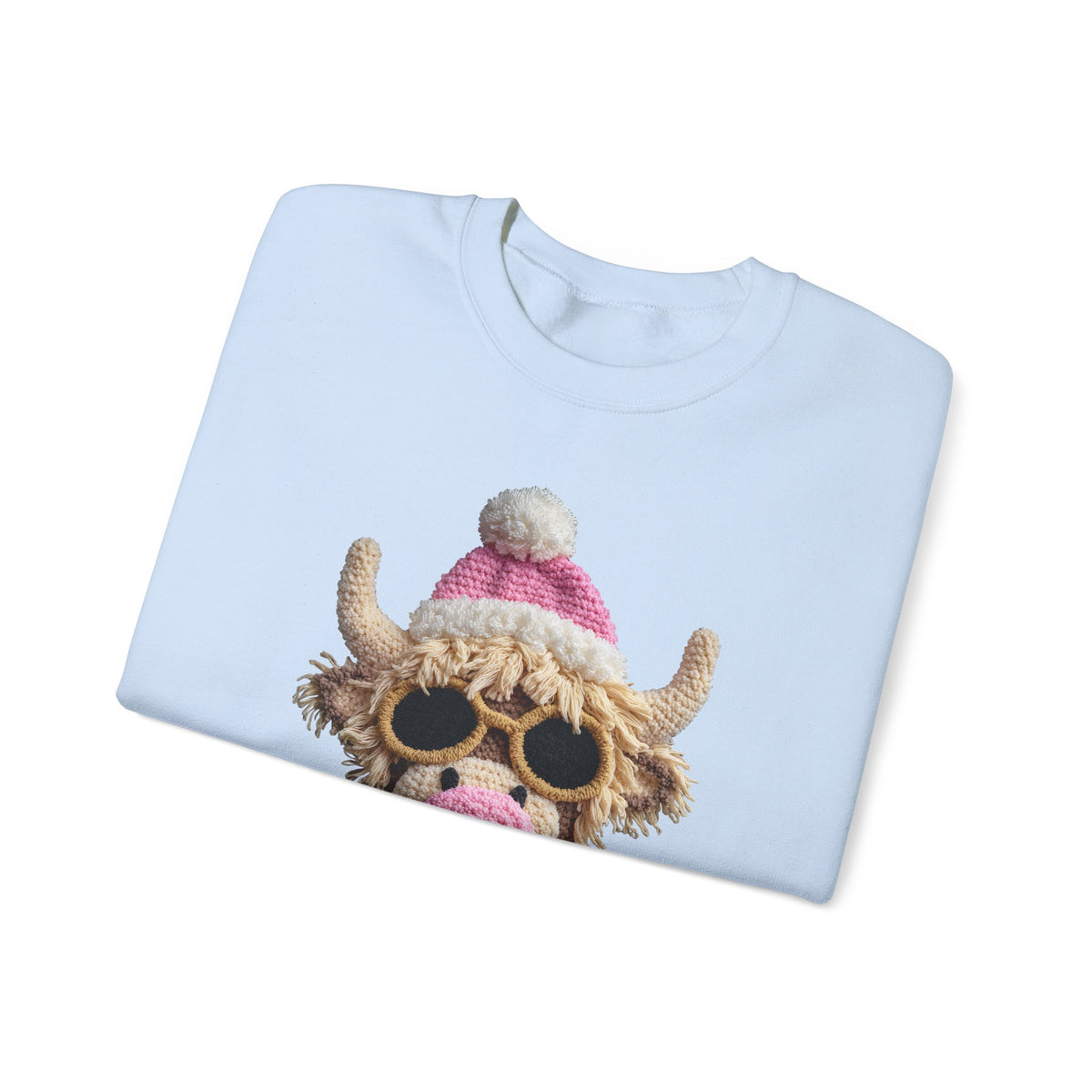 Faux Crochet Highland Cow Bubblegum – Gildan Heavy Blend | Trendy Women’s Soft Sweatshirt. Direct to Garment. Printed & Shipped in the USA. Unisex Sizes.