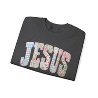 Jesus faux Patchwork – Gildan Heavy Blend | Trendy Women’s Soft Sweatshirt. Direct to Garment. Printed & Shipped in the USA. Unisex Sizes.
