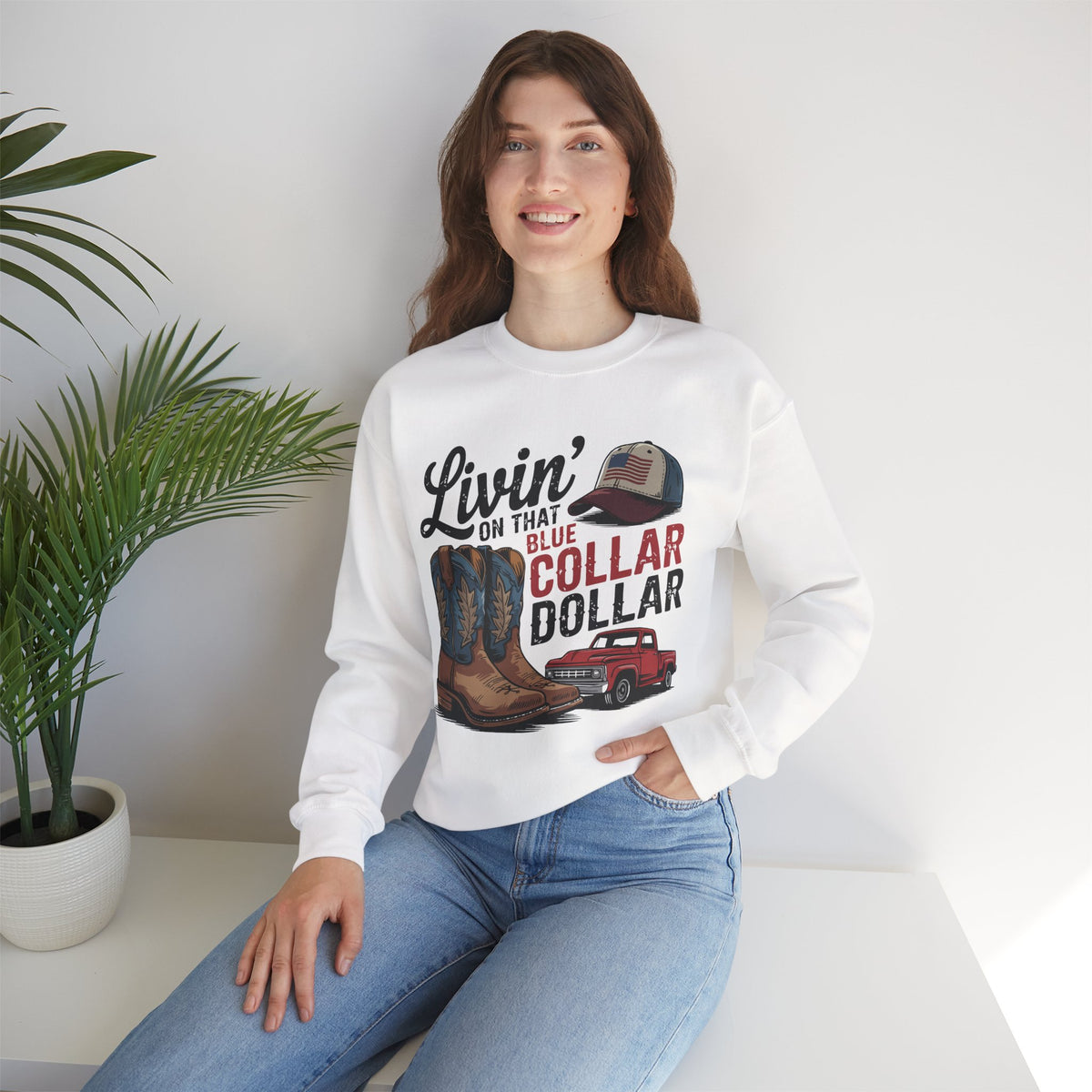 Livin' on That Blue Collar Dollar, Boots and Work Truck – Gildan Heavy Blend | Trendy Men's and Women’s Soft Sweatshirt. Direct to Garment. Printed & Shipped in the USA. Unisex Sizes.