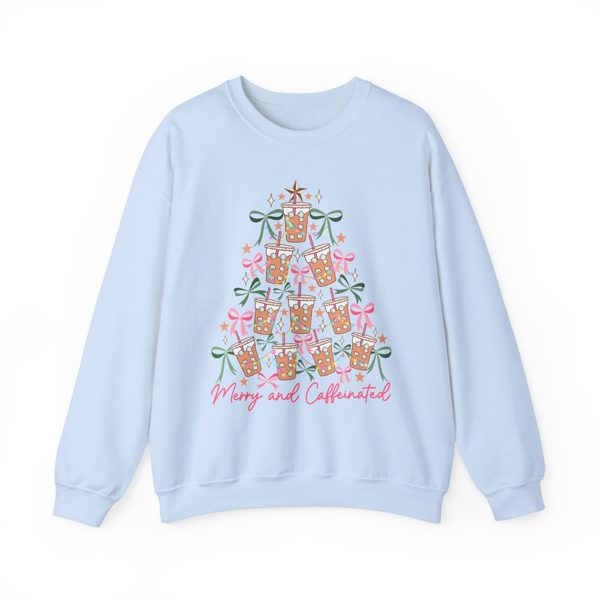 Merry and Caffeinated Iced Coffee Christmas Tree – Gildan Heavy Blend | Trendy Women’s Soft Sweatshirt. Direct to Garment. Printed & Shipped in the USA. Unisex Sizes.