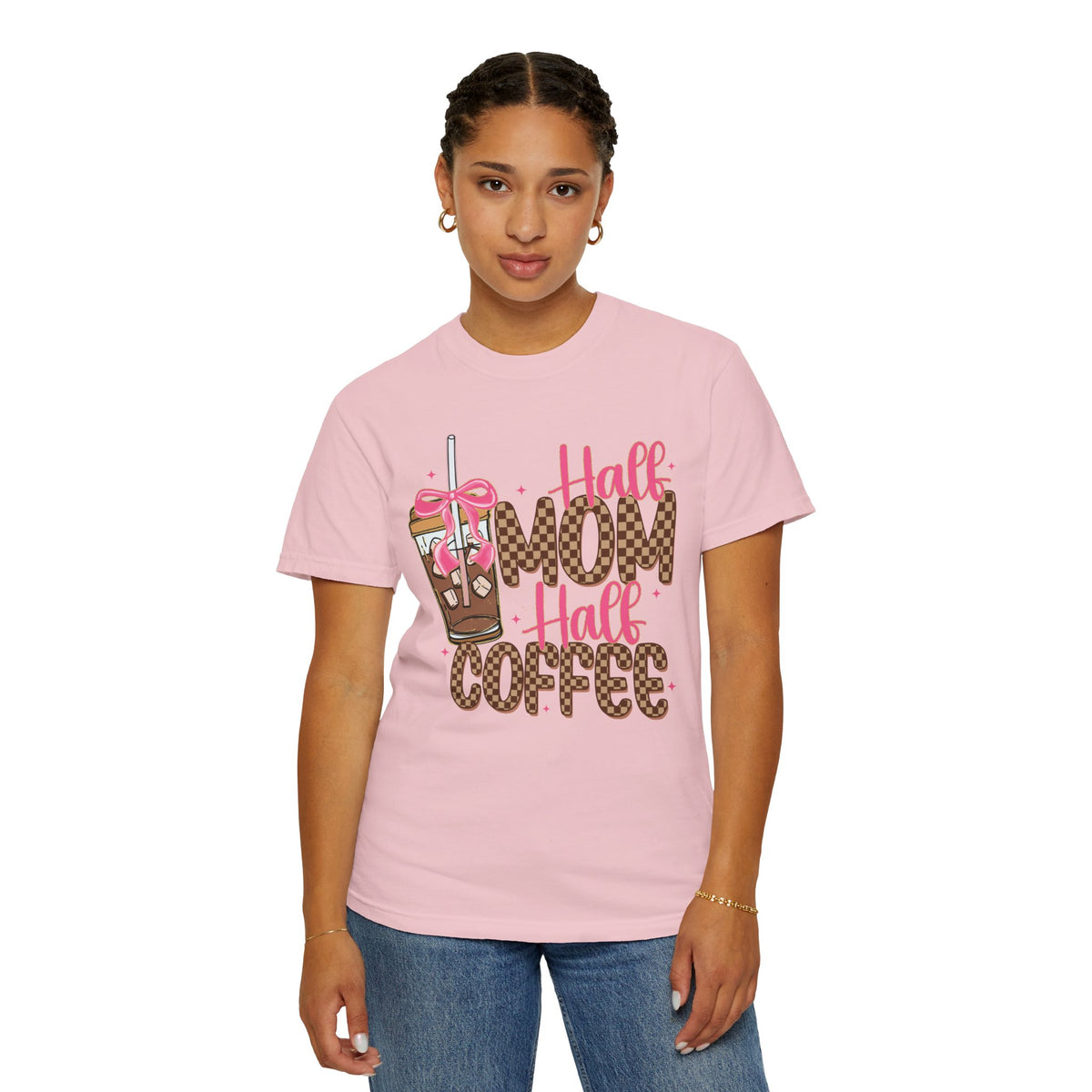 Half Mom Half Coffee. Cute Leopard Print Coffee Design - Comfort Colors | Trendy Women's T-Shirt. Direct to Garment. Printed & Shipped in the USA. Unisex Sizes.