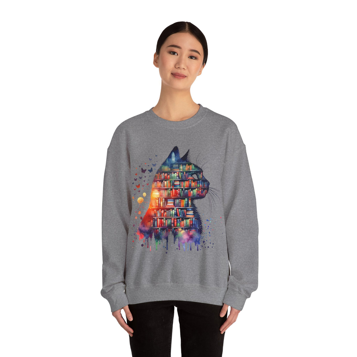 Cat Silhouette for Book Lovers – Gildan Heavy Blend | Trendy Women’s Soft Sweatshirt. Direct to Garment. Printed & Shipped in the USA. Unisex Sizes.