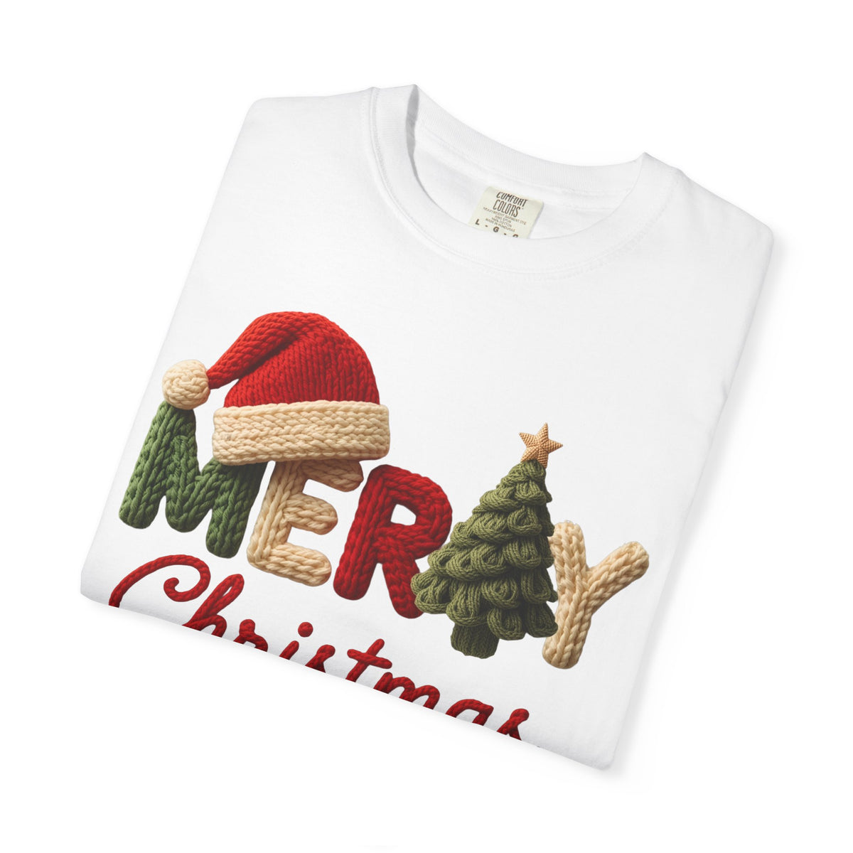 Merry Christmas Faux Yarn w/Santa Hat & Tree - Comfort Colors | Trendy Women's T-Shirt. Direct to Garment. Printed & Shipped in the USA. Unisex Sizes.