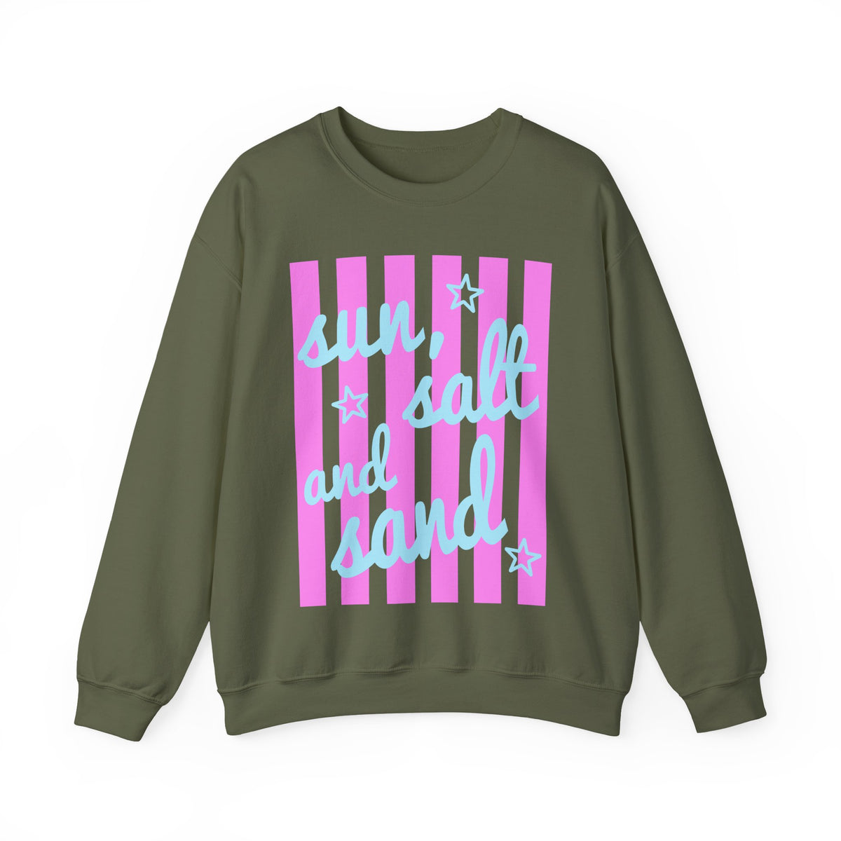 Sun, Salt and Sand – Gildan Heavy Blend | Trendy Women’s Soft Sweatshirt. Direct to Garment. Printed & Shipped in the USA. Unisex Sizes.
