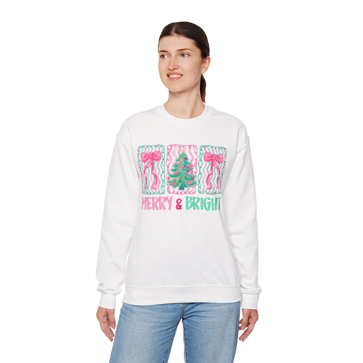 Merry & Bright Christmas - Pink & Green Holiday Tree Design – Gildan Heavy Blend | Trendy Women’s Soft Sweatshirt. Direct to Garment. Printed & Shipped in the USA. Unisex Sizes.