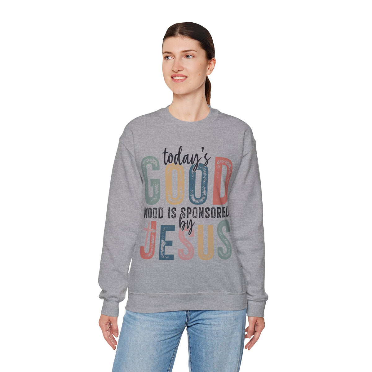 Today's Good Mood Sponsored By Jesus, Christian, Faith – Gildan Heavy Blend | Trendy Women’s Soft Sweatshirt. Direct to Garment. Printed & Shipped in the USA. Unisex Sizes.