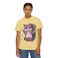 Cute But Feral, Squirrel in Pink Bibs - Comfort Colors | Trendy Women's T-Shirt. Direct to Garment. Printed & Shipped in the USA. Unisex Sizes.