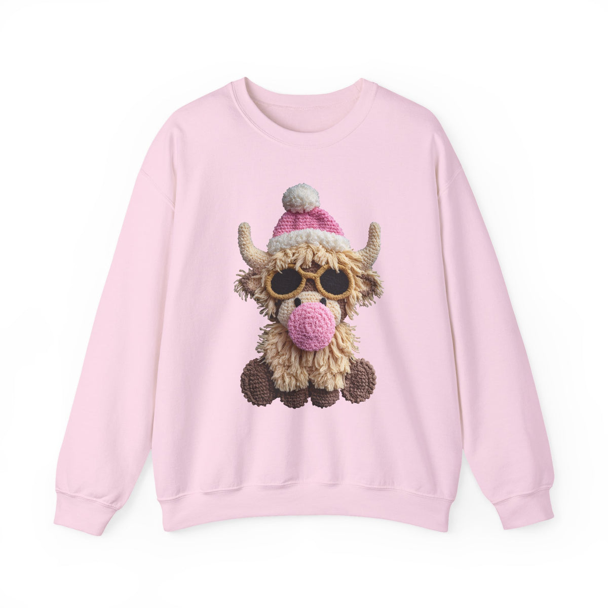 Faux Crochet Highland Cow Bubblegum – Gildan Heavy Blend | Trendy Women’s Soft Sweatshirt. Direct to Garment. Printed & Shipped in the USA. Unisex Sizes.