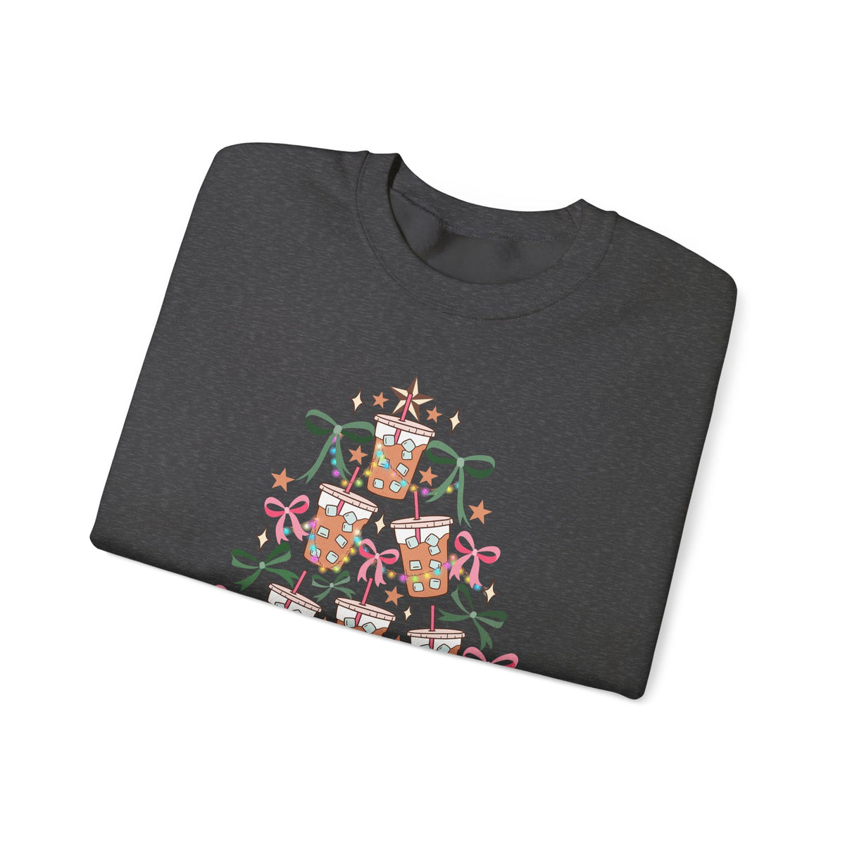 Merry and Caffeinated Iced Coffee Christmas Tree – Gildan Heavy Blend | Trendy Women’s Soft Sweatshirt. Direct to Garment. Printed & Shipped in the USA. Unisex Sizes.