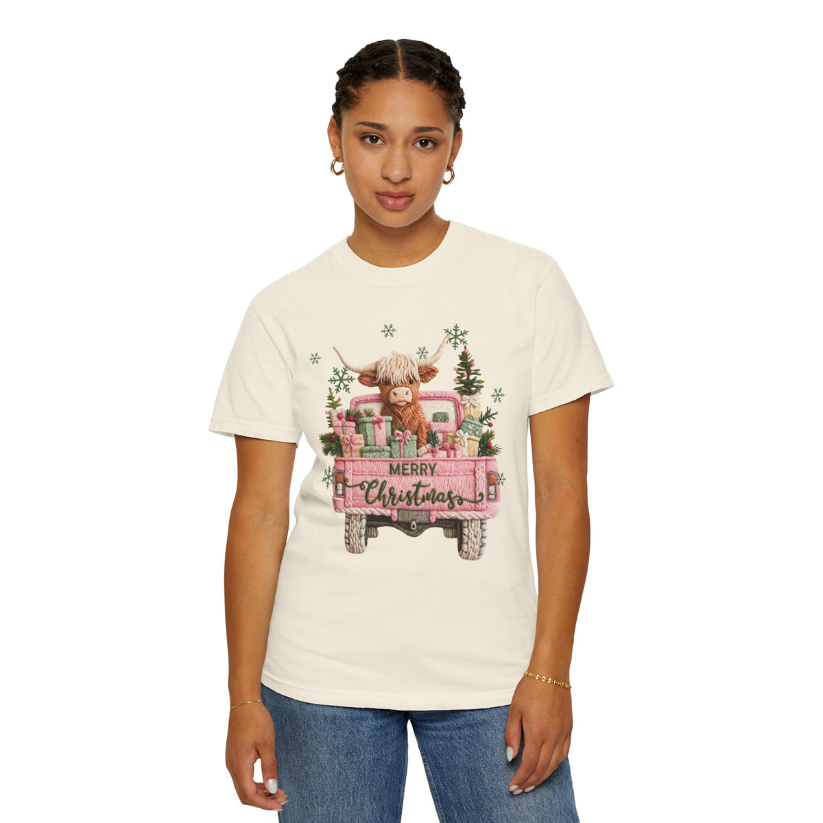 Highland Cow in Pink Truck Merry Christmas Holiday Farmhouse - Comfort Colors | Trendy Women's T-Shirt. Direct to Garment. Printed & Shipped in the USA. Unisex Sizes.