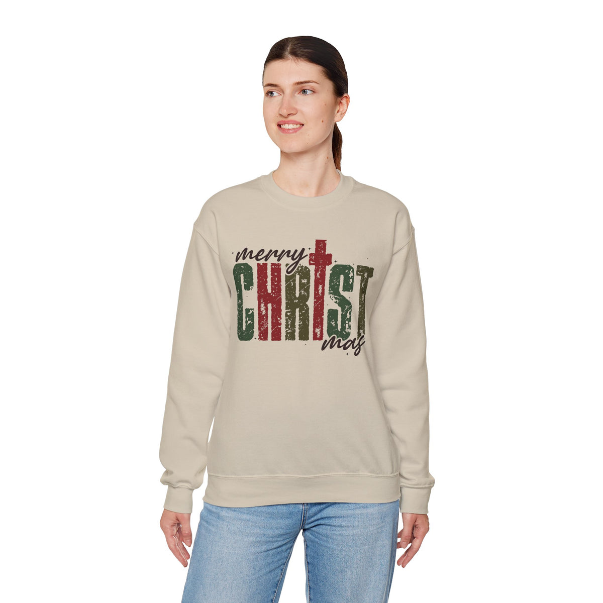 Distressed Merry ChrisTmas Faith Christian – Gildan Heavy Blend | Trendy Women’s Soft Sweatshirt. Direct to Garment. Printed & Shipped in the USA. Unisex Sizes.