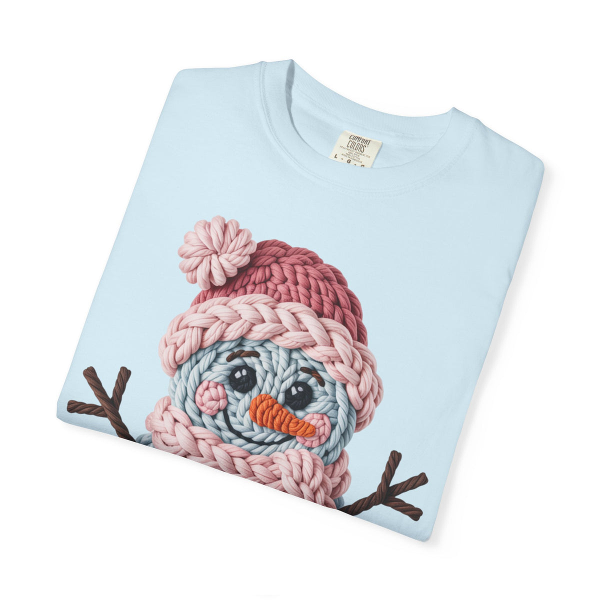 Cute Yarn Snowman - Pink Scarf - Comfort Colors | Trendy Women's T-Shirt. Direct to Garment. Printed & Shipped in the USA. Unisex Sizes.