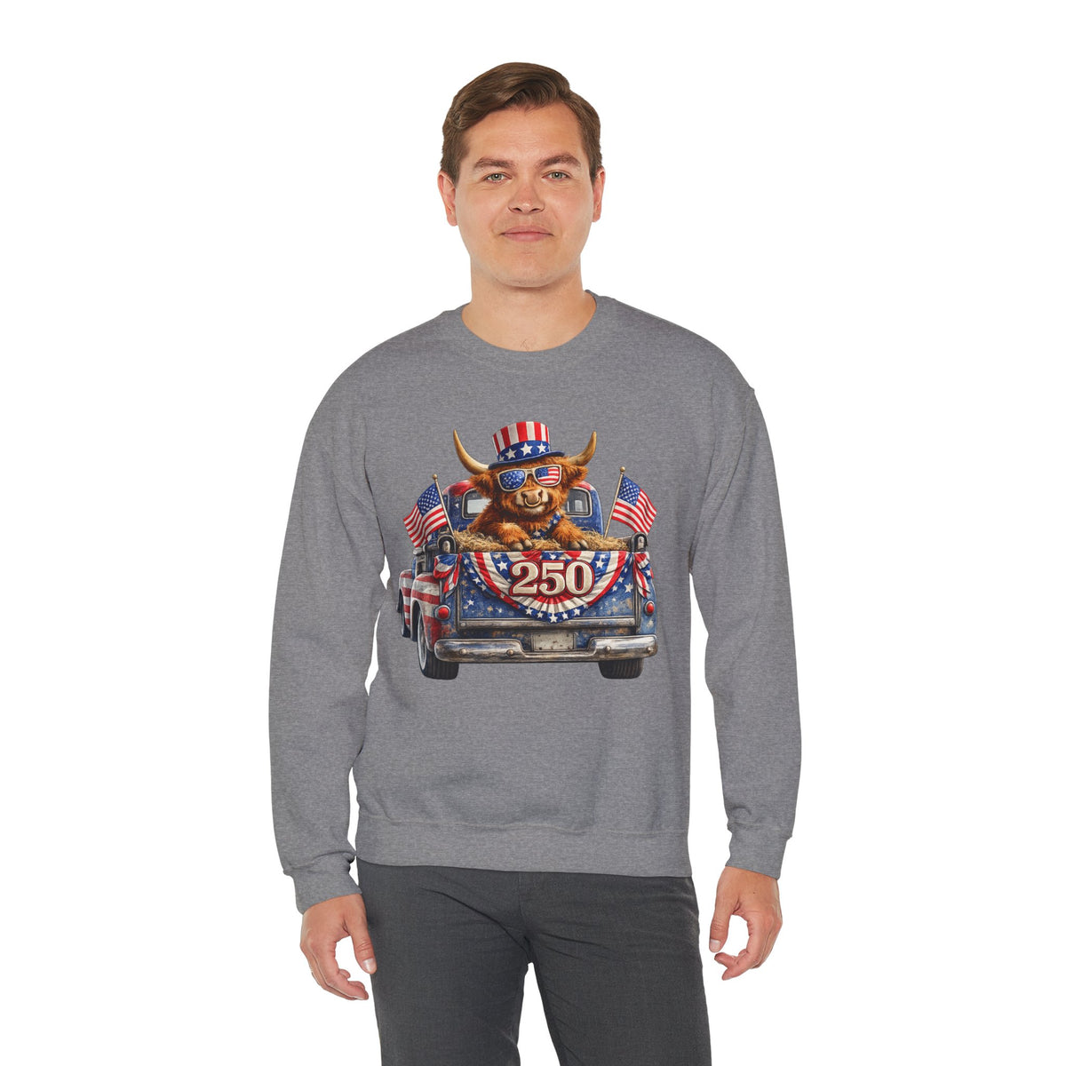 Patriotic Highland, America's 250th Birthday – Gildan Heavy Blend | Trendy Women’s and Men's Soft Sweatshirt. Direct to Garment. Printed & Shipped in the USA. Unisex Sizes.