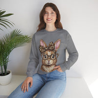 Bunny with Leopard Glasses and Bow – Gildan Heavy Blend | Trendy Women’s Soft Sweatshirt. Direct to Garment. Printed & Shipped in the USA. Unisex Sizes.