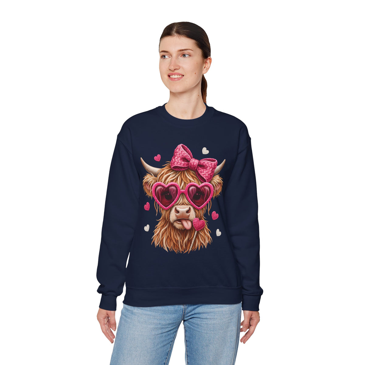 Highland Cow - Pink Heart Shaped Glasses – Gildan Heavy Blend | Trendy Women’s Soft Sweatshirt. Direct to Garment. Printed & Shipped in the USA. Unisex Sizes.