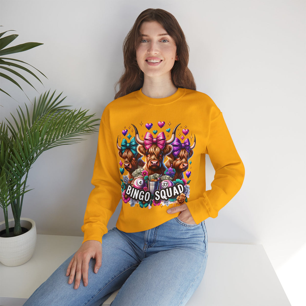 Cute Highland Cows Bingo Squad – Gildan Heavy Blend | Trendy Women’s Soft Sweatshirt. Direct to Garment. Printed & Shipped in the USA. Unisex Sizes.