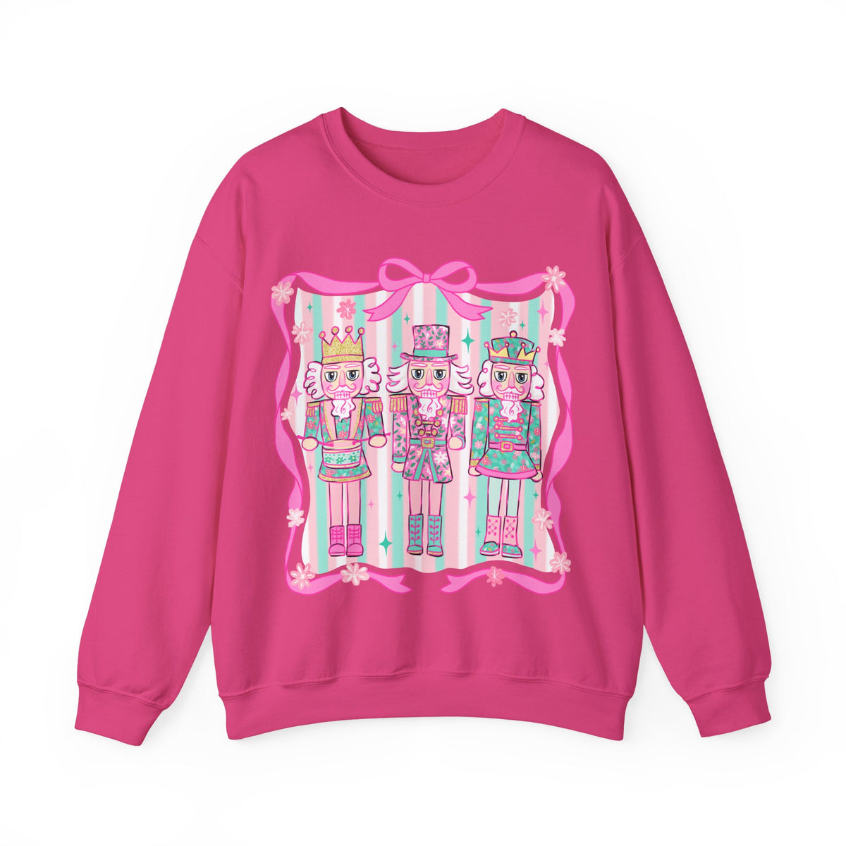 Coquette Pastel Christmas Nutcracker Trio Pink and Green – Gildan Heavy Blend | Trendy Women’s Soft Sweatshirt. Direct to Garment. Printed & Shipped in the USA. Unisex Sizes.