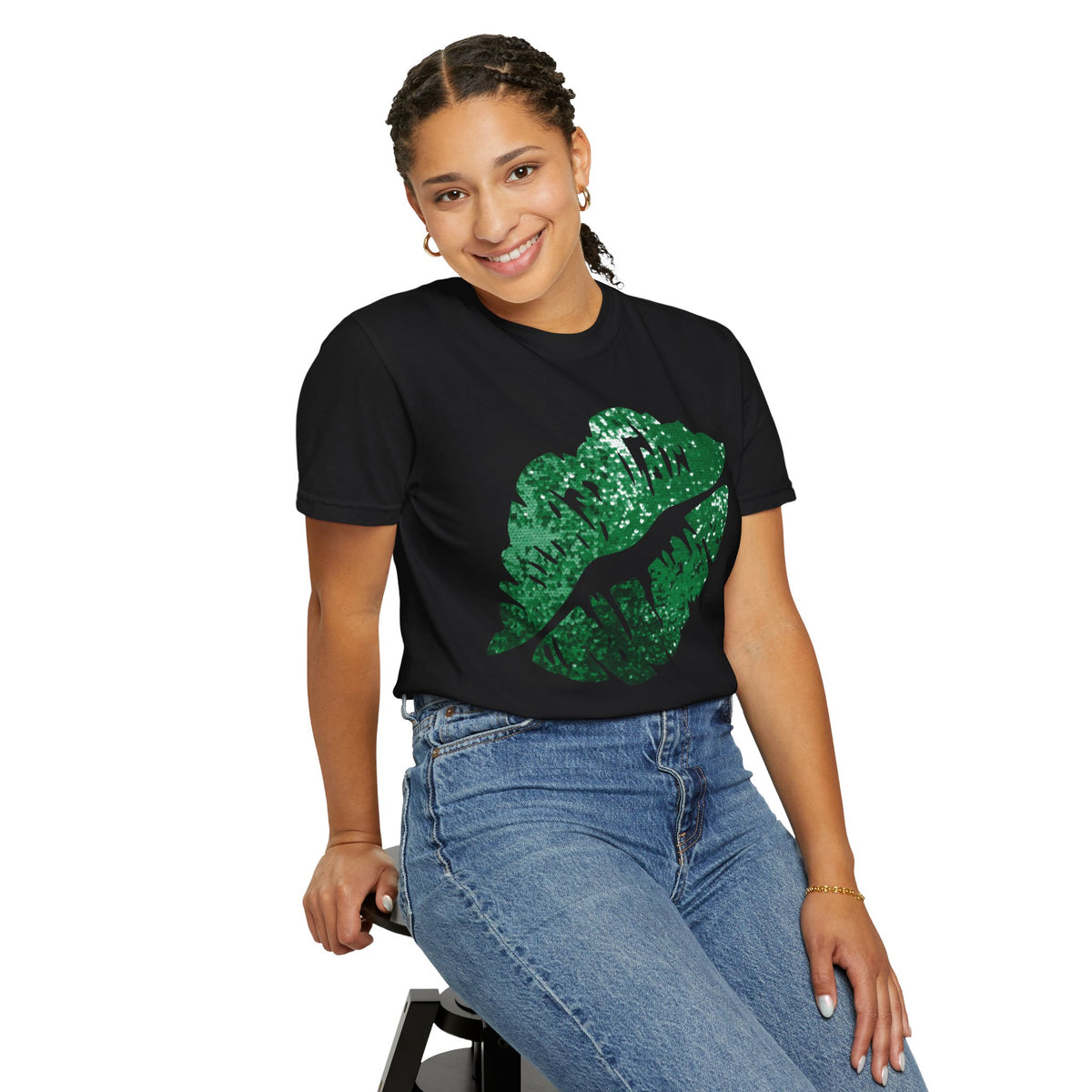 Green Faux Glitter Kiss - Comfort Colors | Trendy Women's T-Shirt. Direct to Garment. Printed & Shipped in the USA. Unisex Sizes.