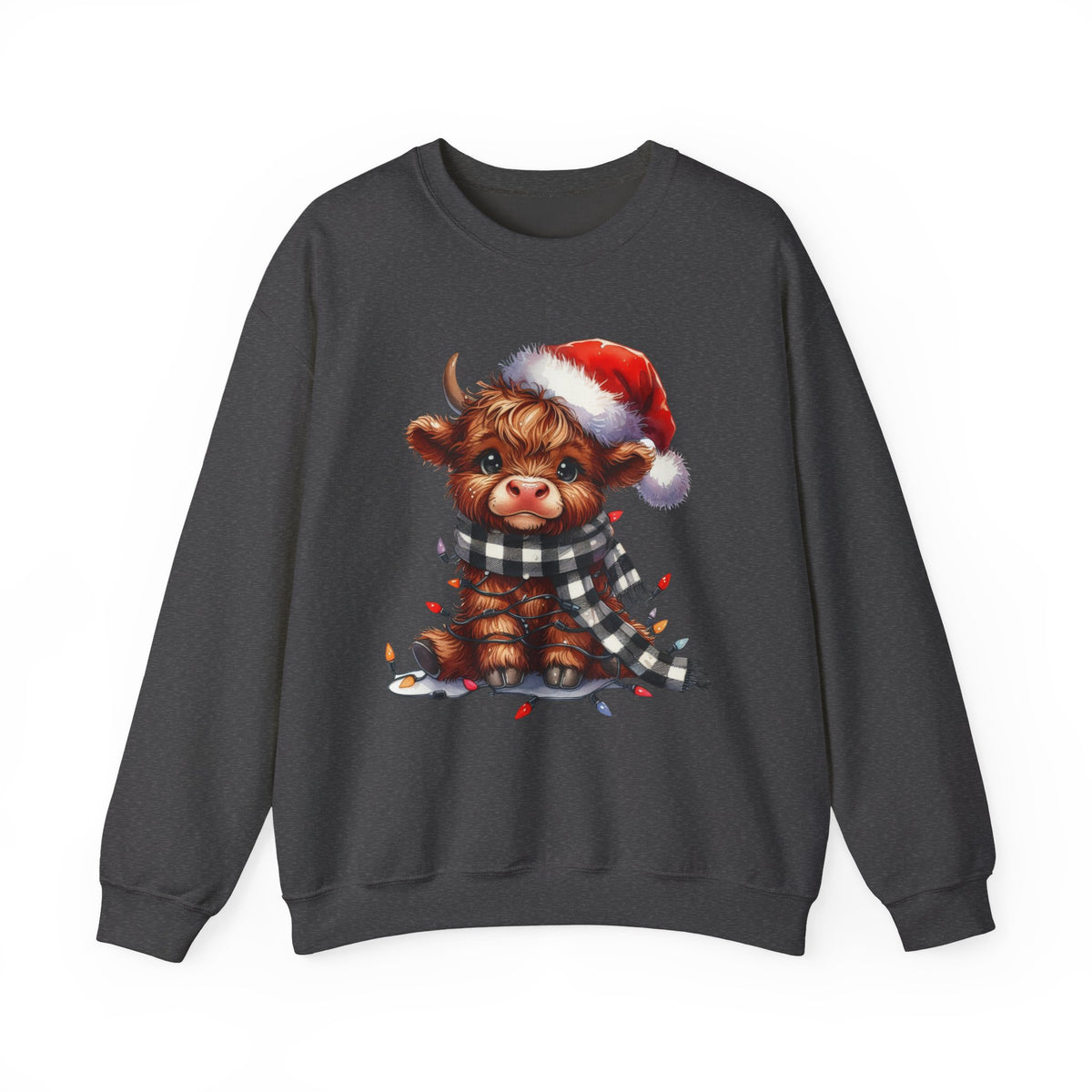 Cute Highland Cow Santa Hat Scarf Christmas Lights – Gildan Heavy Blend | Trendy Women’s Soft Sweatshirt. Direct to Garment. Printed & Shipped in the USA. Unisex Sizes.