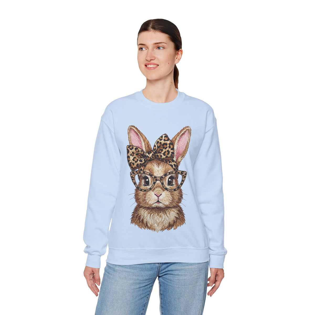 Bunny with Leopard Glasses and Bow – Gildan Heavy Blend | Trendy Women’s Soft Sweatshirt. Direct to Garment. Printed & Shipped in the USA. Unisex Sizes.