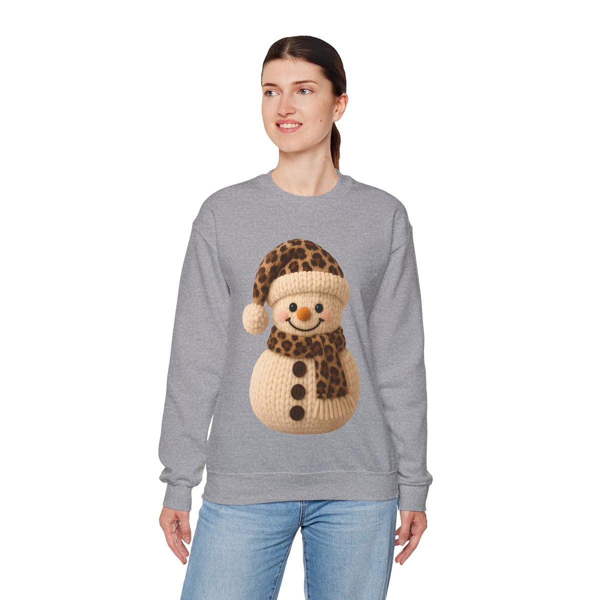 Cute Leopard Faux Knit Snowman Winter – Gildan Heavy Blend | Trendy Women’s Soft Sweatshirt. Direct to Garment. Printed & Shipped in the USA. Unisex Sizes.