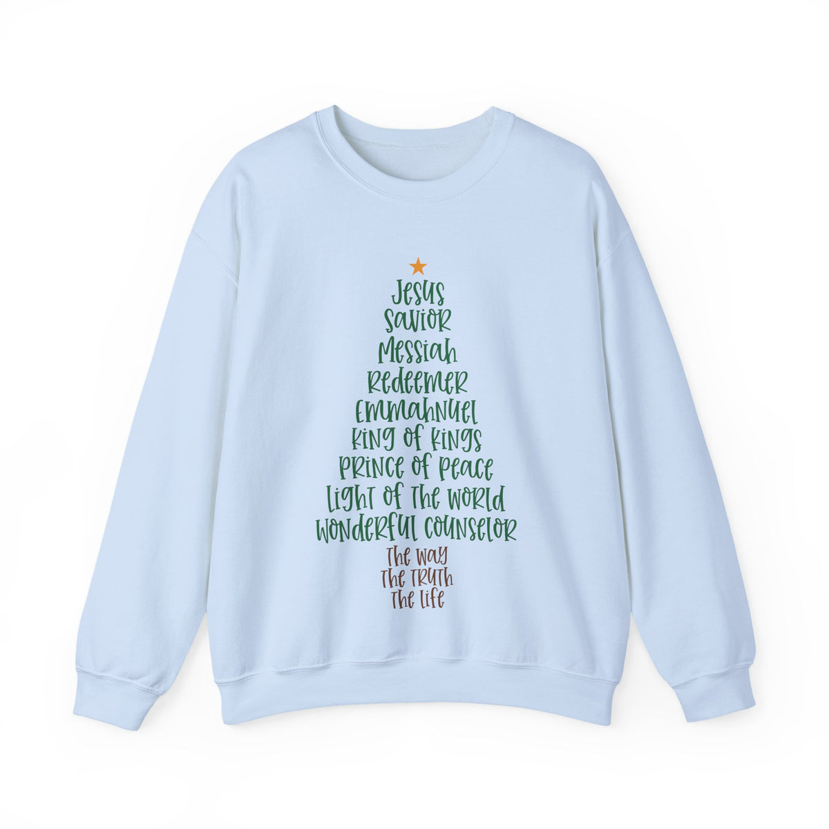 Jesus Names Christmas Tree – Gildan Heavy Blend | Trendy Women’s Soft Sweatshirt. Direct to Garment. Printed & Shipped in the USA. Unisex Sizes.