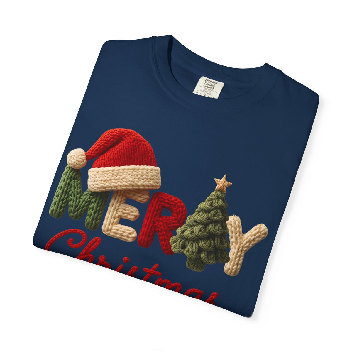 Merry Christmas Faux Yarn w/Santa Hat & Tree - Comfort Colors | Trendy Women's T-Shirt. Direct to Garment. Printed & Shipped in the USA. Unisex Sizes.