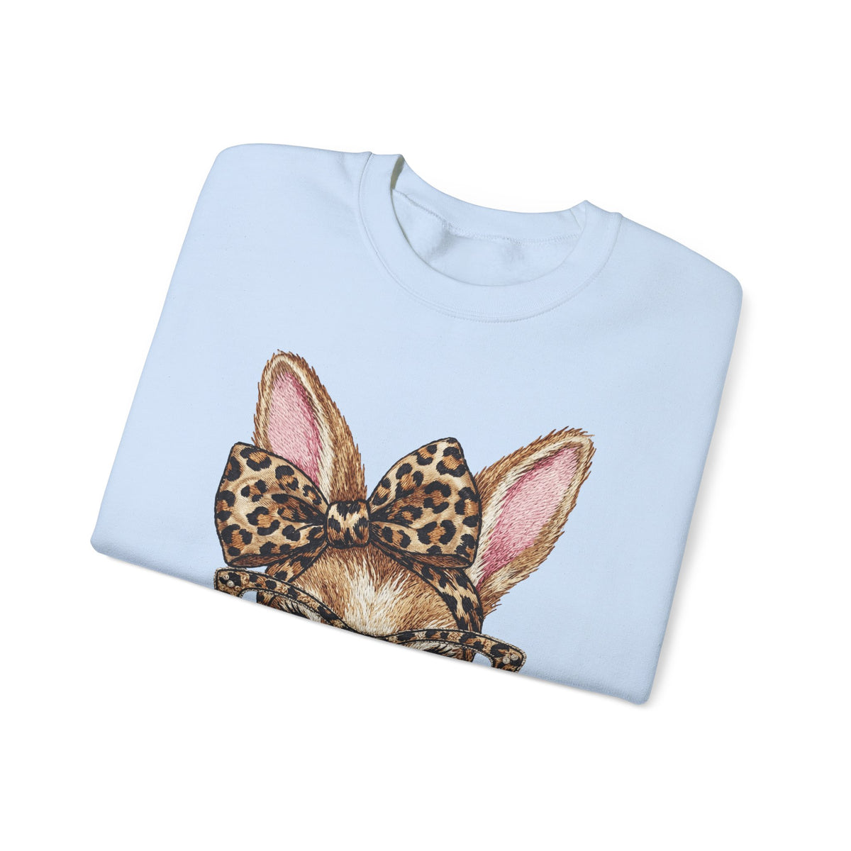 Bunny with Leopard Glasses and Bow – Gildan Heavy Blend | Trendy Women’s Soft Sweatshirt. Direct to Garment. Printed & Shipped in the USA. Unisex Sizes.
