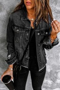 Ella Black Jean Jacket, Distressed w/Raw Hem