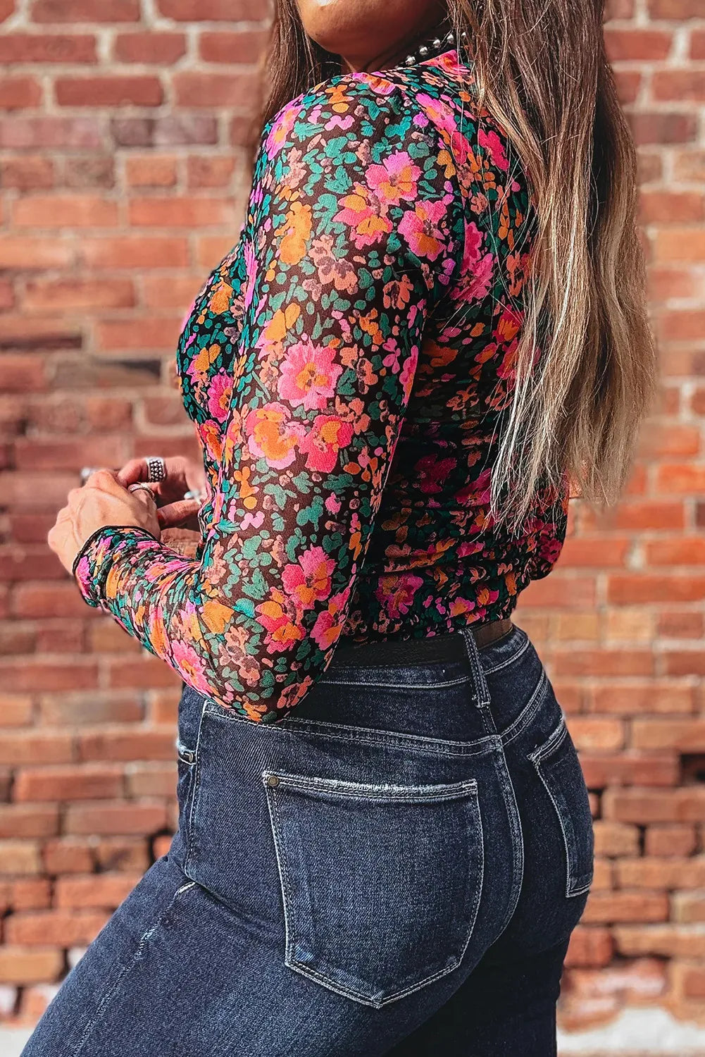 All-Over Bright Floral Mock Neck Mesh Long Sleeve Top
