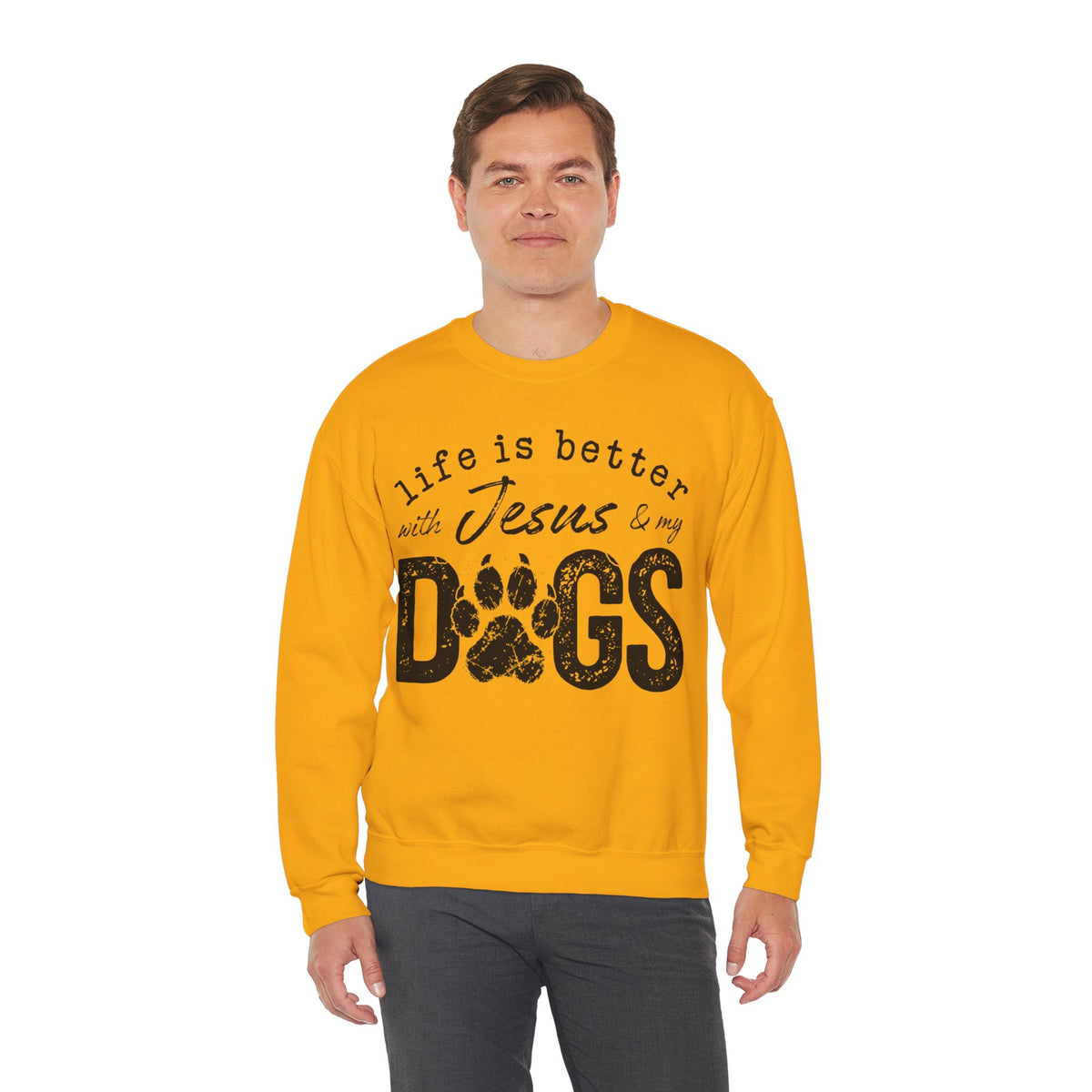 Life is Better With Jesus and My Dogs – Gildan Heavy Blend | Trendy Women’s and Men's Soft Sweatshirt. Direct to Garment. Printed & Shipped in the USA. Unisex Sizes.