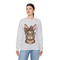 Bunny with Leopard Glasses and Bow – Gildan Heavy Blend | Trendy Women’s Soft Sweatshirt. Direct to Garment. Printed & Shipped in the USA. Unisex Sizes.