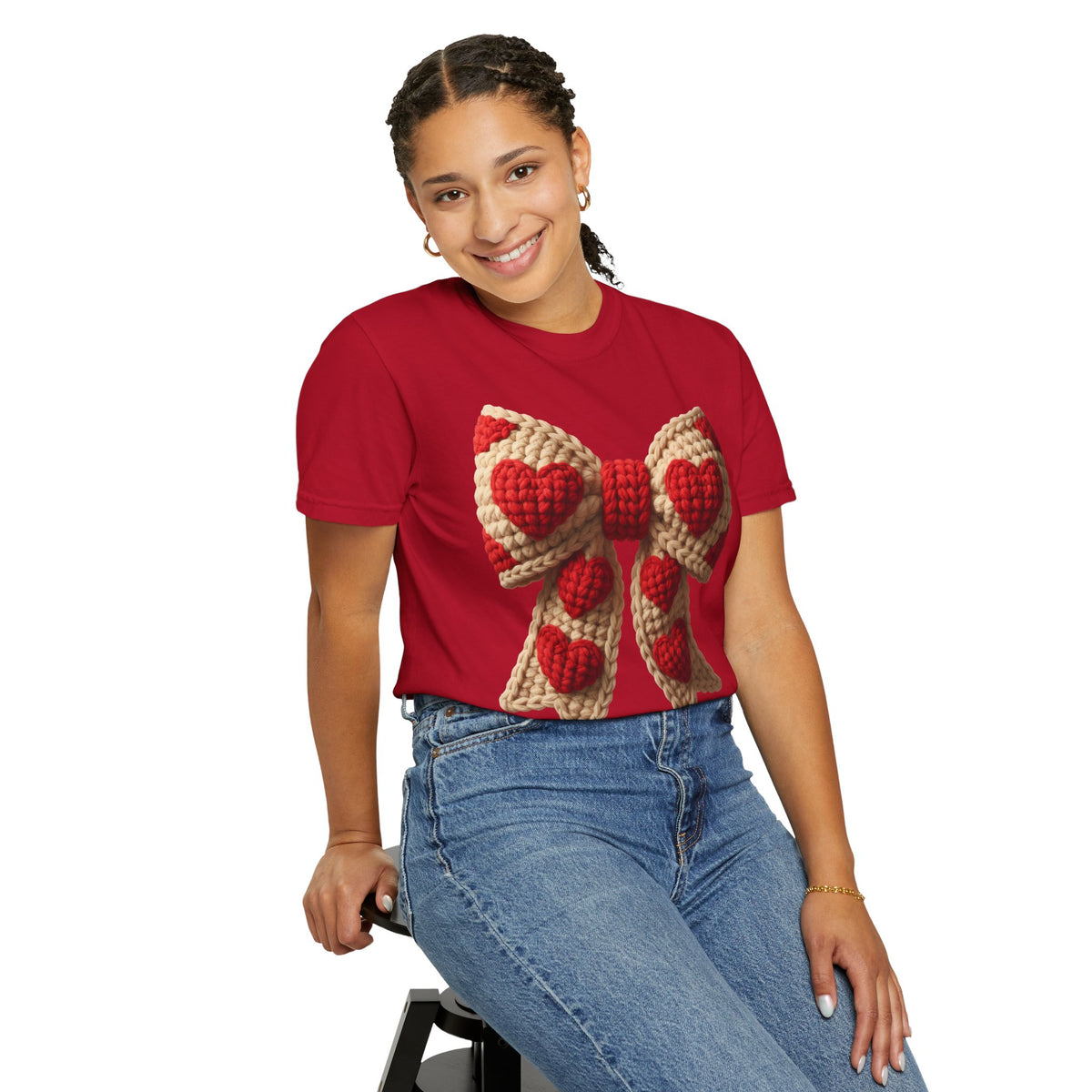 Faux Crochet Valentine Bow - Comfort Colors | Trendy Women's T-Shirt. Direct to Garment. Printed & Shipped in the USA. Unisex Sizes.