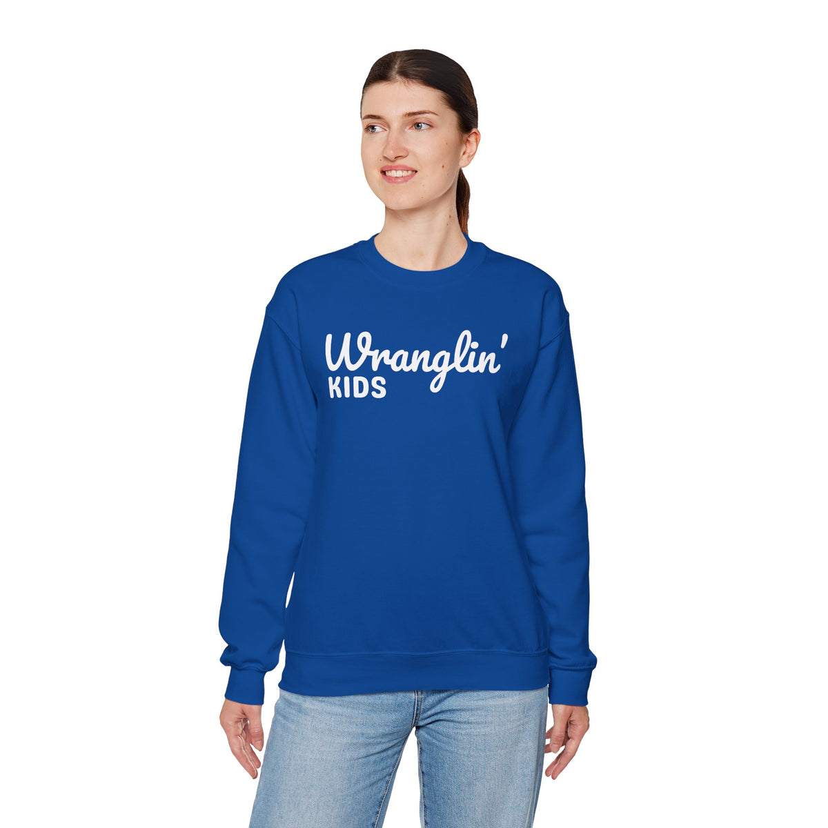Wranglin' Kids Funny Mom Dad – Gildan Heavy Blend | Trendy Women’s and Men's Soft Sweatshirt. Direct to Garment. Printed & Shipped in the USA. Unisex Sizes.