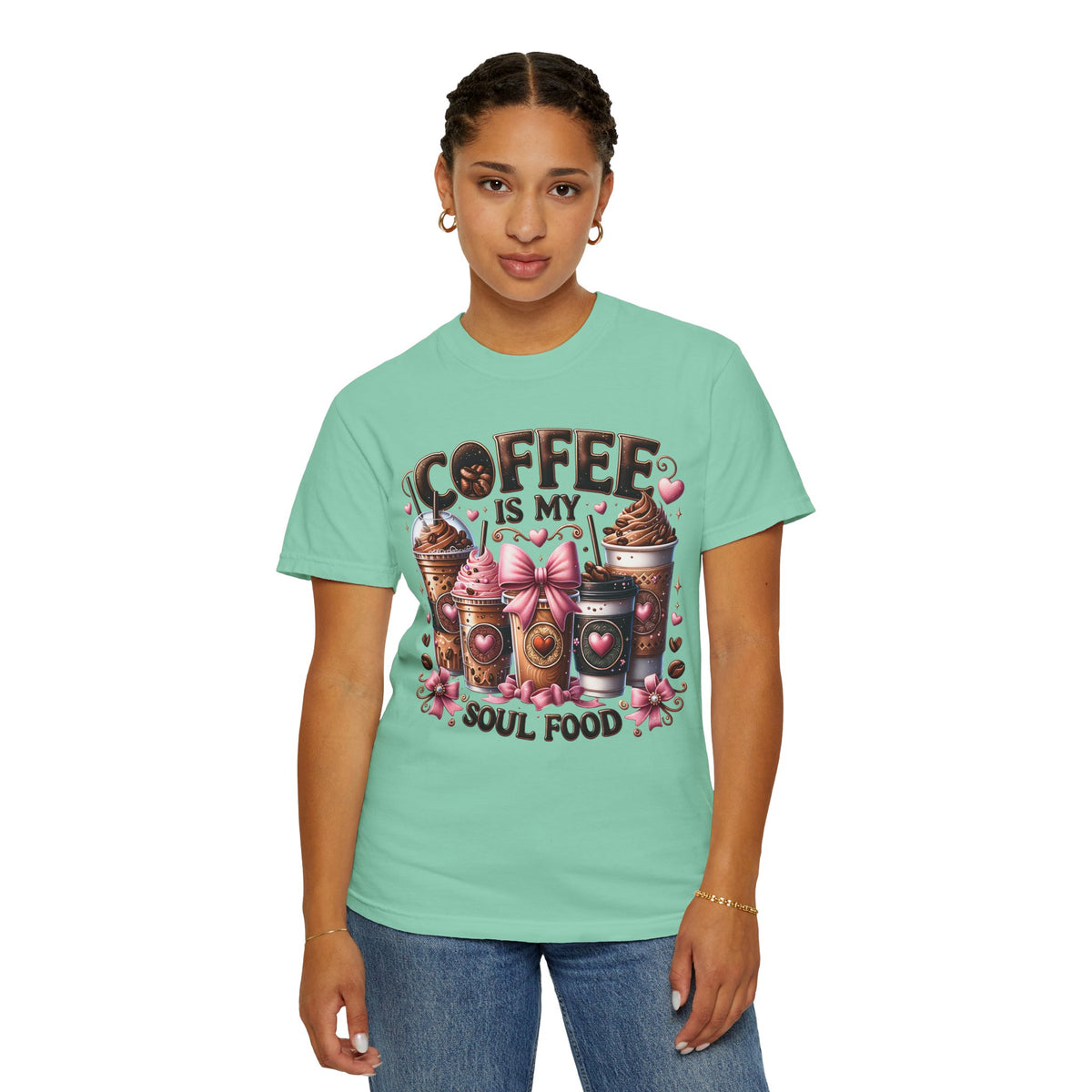 Coffee Is My Soul Food, Iced Coffee, Pink Bow - Comfort Colors | Trendy Women's T-Shirt. Direct to Garment. Printed & Shipped in the USA. Unisex Sizes.